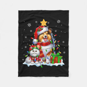 Santa Sheltie With Elf Cat Christmas Lights Owner Fleece Blanket