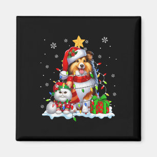 Santa Sheltie With Elf Cat Christmas Lights Owner Magnet
