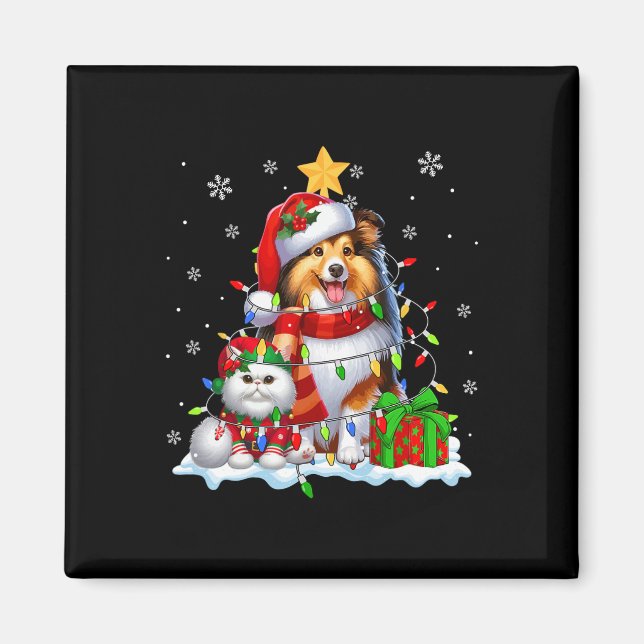 Santa Sheltie With Elf Cat Christmas Lights Owner  Magnet (Front)