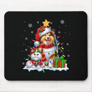 Santa Sheltie With Elf Cat Christmas Lights Owner  Mouse Pad