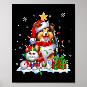 Santa Sheltie With Elf Cat Christmas Lights Owner Poster