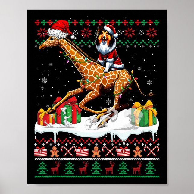 Santa Shetland Sheepdog Riding Giraffe Christmas S Poster (Front)