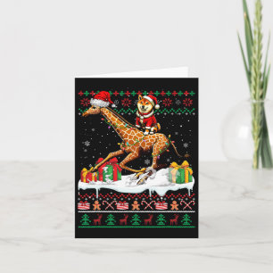 Santa Shiba Inu Riding Giraffe Christmas Sweater L Card