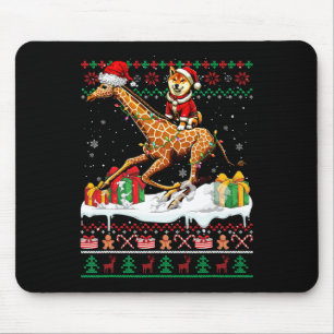 Santa Shiba Inu Riding Giraffe Christmas Sweater L Mouse Pad