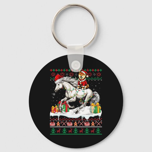 Santa Shiba Inu Riding Horse Christmas Sweater Lov Key Ring (Front)