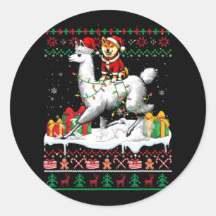 Santa Shiba Inu Riding Llama Christmas Sweater Lov Classic Round Sticker