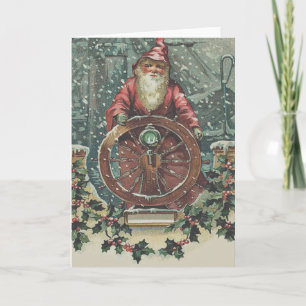 Santa Ship Boat Snow Storm Holly Holiday Card