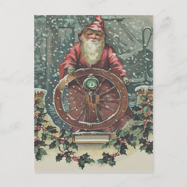 Santa Ship Boat Snow Storm Holly Holiday Postcard (Front)