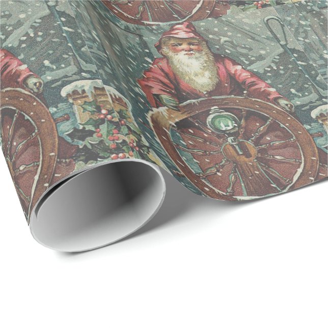 Santa Ship Boat Snow Storm Holly Nautical Wrapping Paper (Roll Corner)