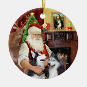 Santa - Siberian Huskies (TWO) Ceramic Tree Decoration
