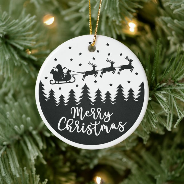 Santa Silhouette Merry Christmas Ceramic Ornament (Tree)
