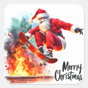Santa Skateboarding Over a Festive Fire Square Sticker