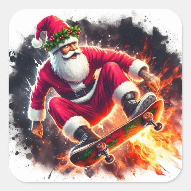 Santa Skateboarding Tricks Outside Square Sticker (Front)