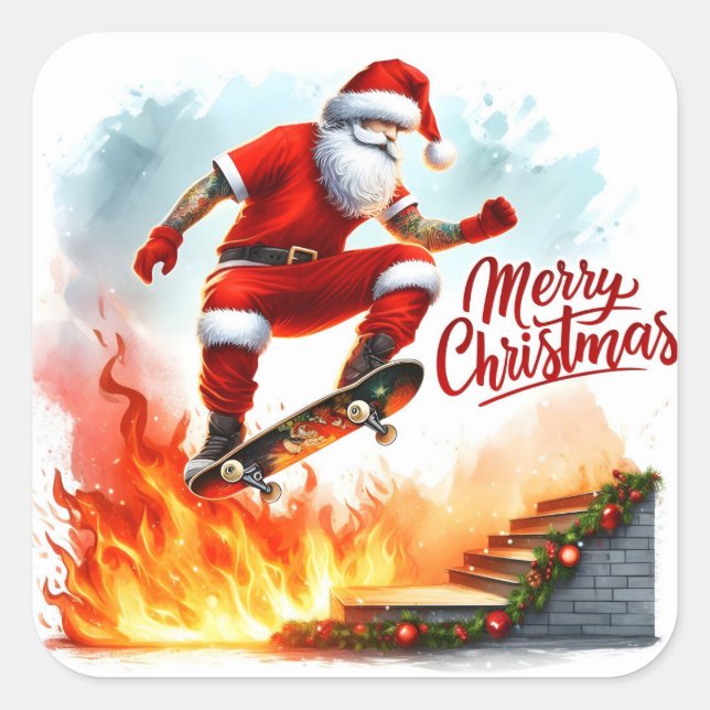 Santa Skateboards Over Fiery Ramp Square Sticker (Front)