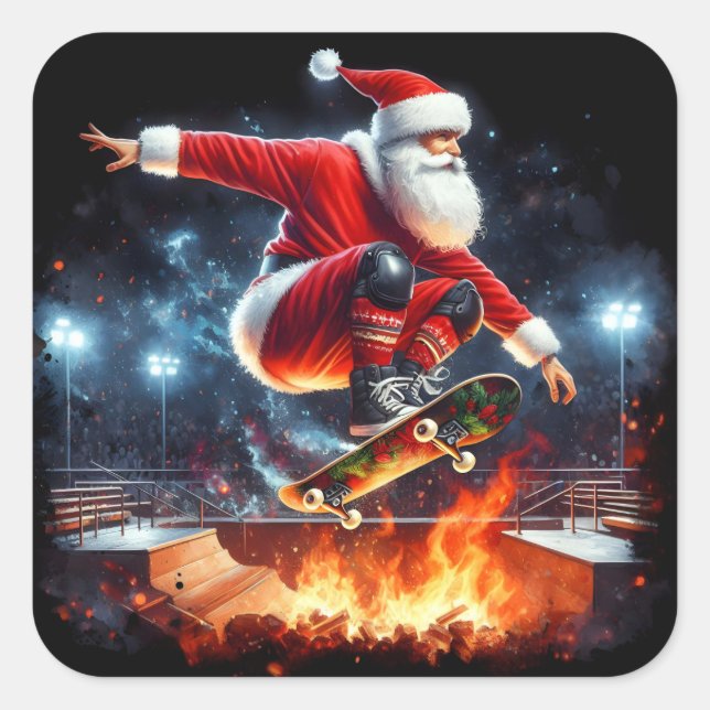 Santa Skateboards Over Fiery Ramp Square Sticker (Front)