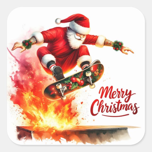 Santa Skateboards With Christmas Spirit Square Sticker (Front)