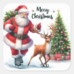 Santa Skates With Happy Reindeer Square Sticker