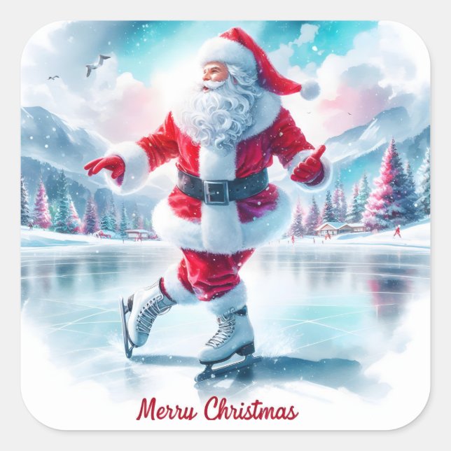 Santa Skating in a Winter Wonderland Square Sticker (Front)