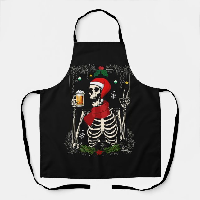 Santa Skeleton Drinking Beer Retro Merry Christmas Apron (Front)
