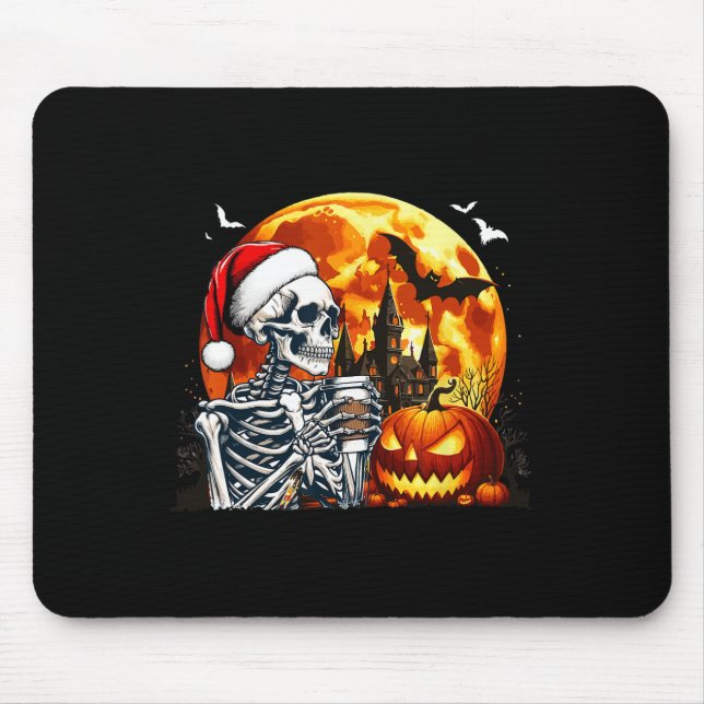 Santa Skeleton Drinking Coffee Halloween Carved Pu Mouse Pad (Front)