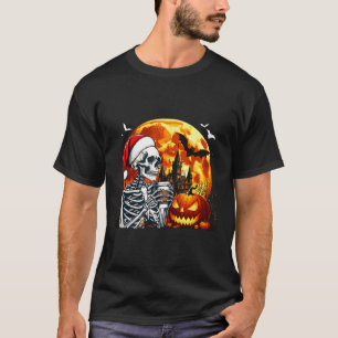 Santa Skeleton Drinking Coffee Halloween Carved Pu T-Shirt