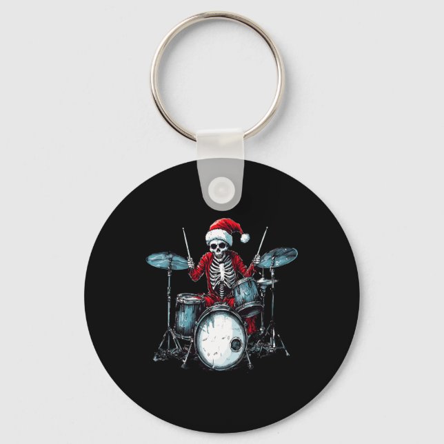 Santa Skeleton Playing Drum Drummer Percussionist  Key Ring (Front)