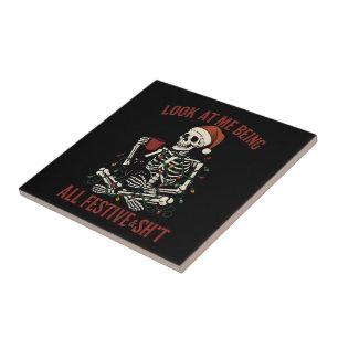 Santa Skeleton with Cat Holiday Snark Ceramic Tile