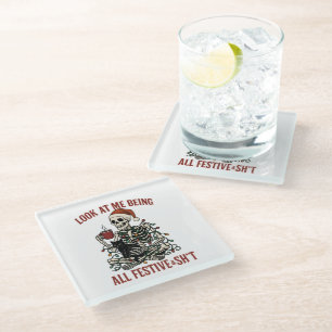 Santa Skeleton with Cat Holiday Snark Glass Coaster
