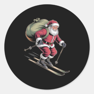 Santa Skiing Down Snowy Slopes Classic Round Sticker