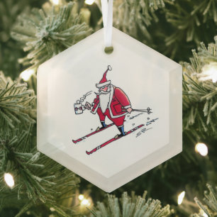 Santa Skiing hexagon glass ornament