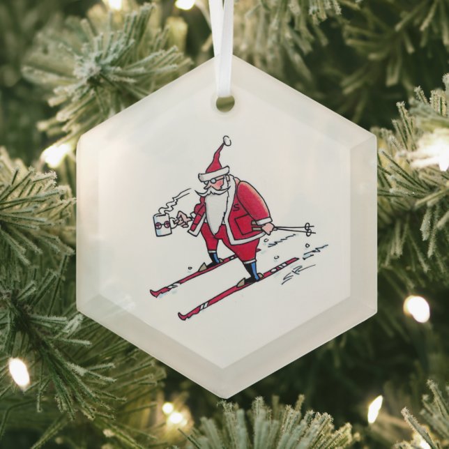 Santa Skiing hexagon glass ornament (Insitu)