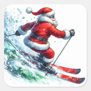 Santa Skiing in Winter Wonderland Square Sticker