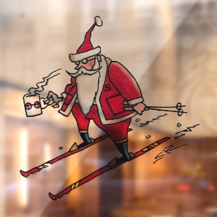 Santa Skiing lg see-thru window cling back stick