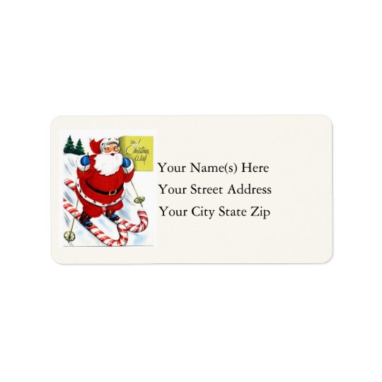 Santa Skiing on Candy Canes Vintage Address Label
