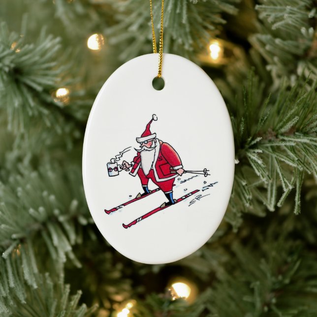 Santa Skiing oval ceramic ornament (Tree)