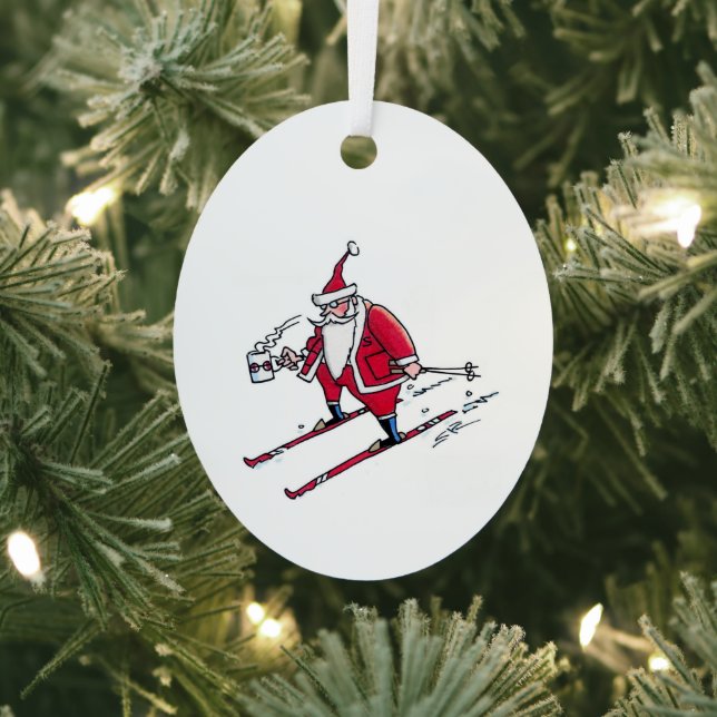 Santa Skiing oval metal ornament (Insitu)