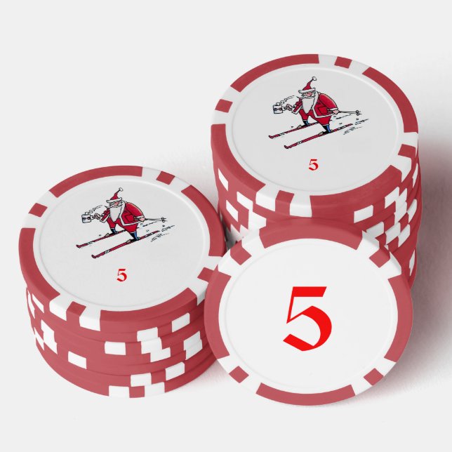 Santa Skiing red 5 striped poker chip (Stack)