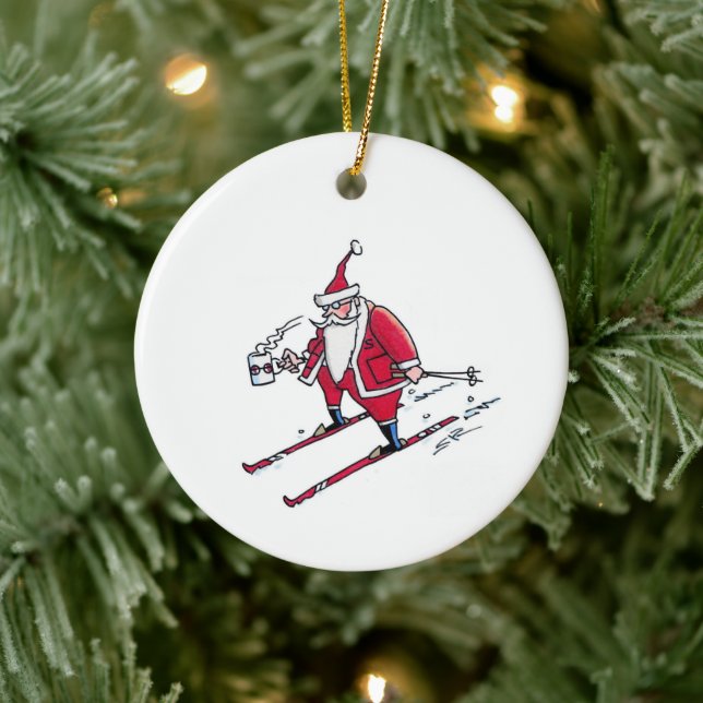 Santa Skiing round ceramic ornament (Tree)