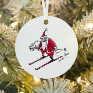 Santa Skiing round metal ornament