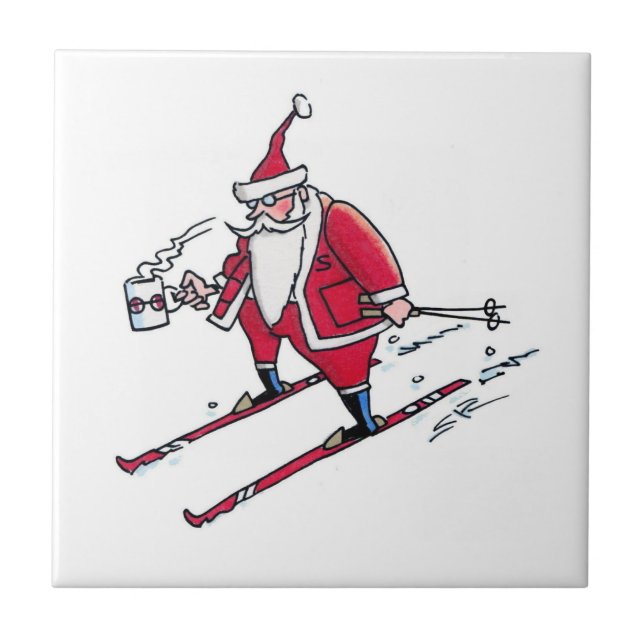 Santa Skiing small ceramic tile (Front)