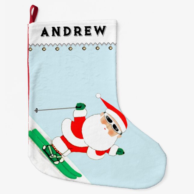 Santa Skiing Snow Ski Large Christmas Stocking (Front)