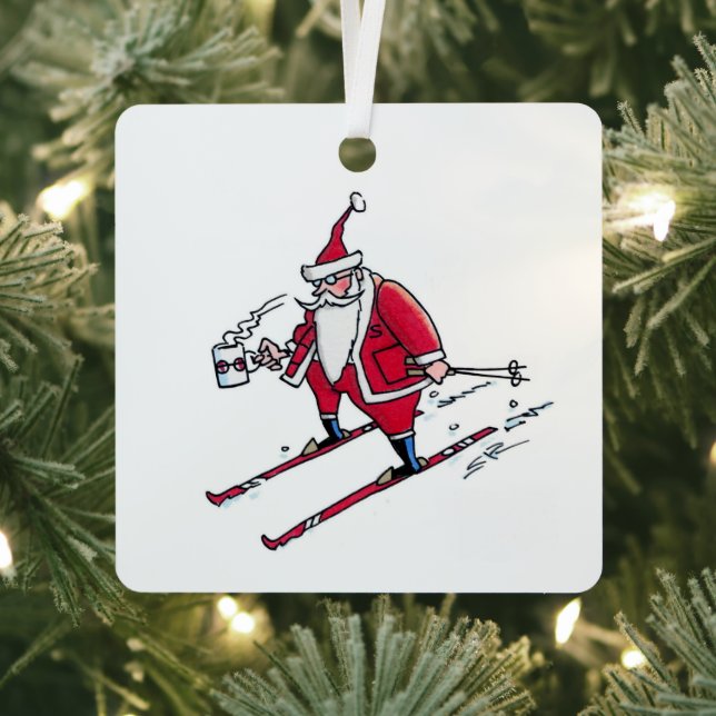 Santa Skiing square metal ornament (Insitu)