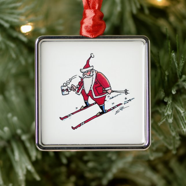 Santa Skiing square premium ornament (Tree)