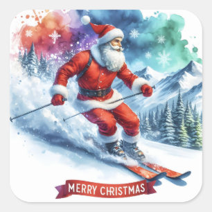 Santa Skis in a Snowy Mountain Square Sticker