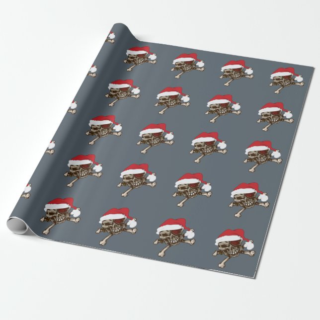 Santa Skull Pirate Holiday gift wrapping paper (Unrolled)
