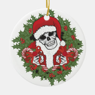 Santa Skull with Wreath Ceramic Ornament
