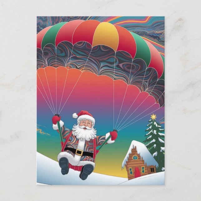 Santa skydiving psychedelic colours christmas holiday postcard (Front)