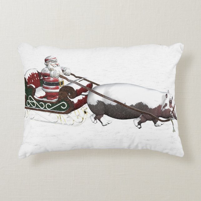 Santa Sled Pulled By Hippopotamus Decorative Cushion (Front)
