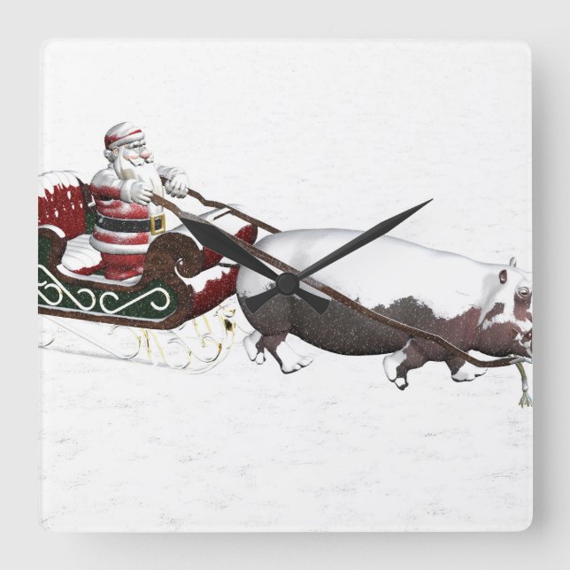 Santa Sled Pulled By Hippopotamus Square Wall Clock (Front)