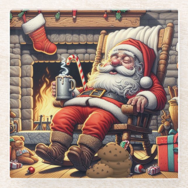 Santa sleeping Christmas Glass Coaster (Front)